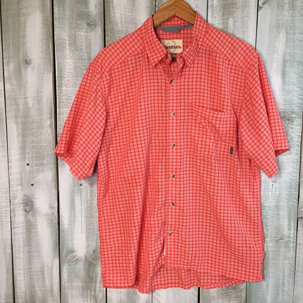 Simms Fishing Products Mens M Short Sleeve Light Weight Orange Button Up Shirt